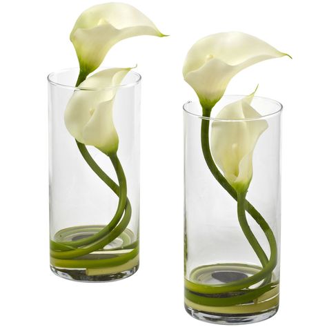 Nearly Natural Double Calla Lily w/Cylinder (Set of 2) (Cream), Beige Off-White