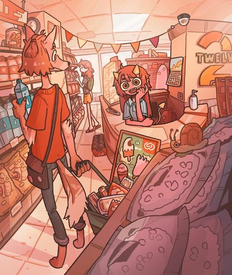 Convenience Store Drawing, Convenience Store Illustration, Art Store Aesthetic, Lucid Lucy, Witchy Prints, Store Drawing, Store Illustration, Imagination Illustration, Improve Drawings