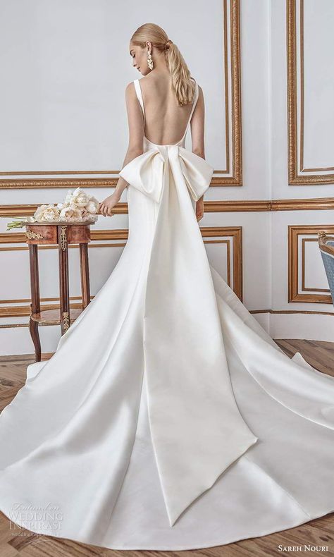 sareh nouri fall 2021 bridal sleeveless thick straps square neckline clean minimalist mermaid wedding dress bow open back chapel train (5) bv Sareh Nouri Wedding Dress, Sareh Nouri Bridal, Mikado Wedding Dress, Wedding Dresses Kleinfeld, Sareh Nouri, Flare Wedding Dress, Wedding Dress Brands, Bow Wedding Dress, Simple Wedding Dress