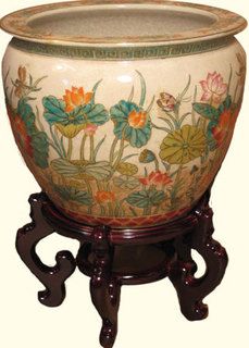 Hand painted Water lily 14 inch  Chinese porcelain fishbowl planter for indoor or outdoor use! Chinese Goldfish, Fishbowl Planter, Fish Bowls, Asian Porcelain, Painted Water, Goldfish Bowl, Colorful Pottery, Porcelain Planter, Beautiful Windows