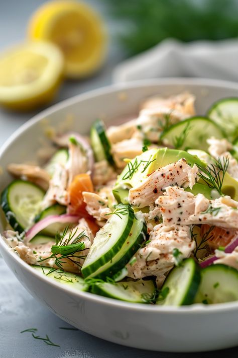 Delicious and Easy Keto Chicken Salad with Avocado and Cucumber Recipe for Beginners #ketodiet #ketorecipes #lowcarb Chicken Cucumber Avocado Salad, Cucumber Chicken Salad, Chicken Salad Keto, Chicken Salad With Avocado, Avocado And Cucumber, Chicken Cucumber, Keto Chicken Salad, Recipe For Beginners, Salad With Avocado