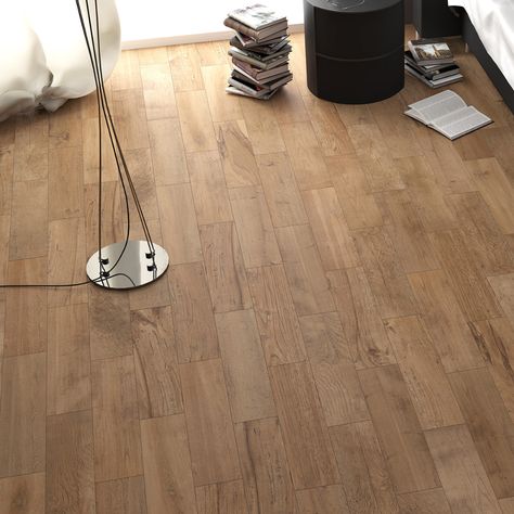 Woods Natural Tile - |Lowes Tile| By Della Torre Tile Della Torre Tile, Wood Look Floor Tile, Lowes Tile, Wood Look Tile Floor, Natural Tile, Brown Tile, Rustic Tile, Farmhouse Flooring, French Gray