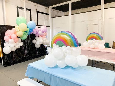 #rainbow #rainbowparty #rainbowbirthdayparty #pastel #tabeltoppers #centerpiece #tabledecor #clouds Pastel Rainbow Table Decorations, Pastel Rainbow Centerpiece Ideas, Rainbow Centerpiece Ideas, Rainbow Centerpiece, First Birthday Centerpieces, Balloon Table Centerpieces, Rainbow Table, Adoption Party, Rainbow Birthday Party