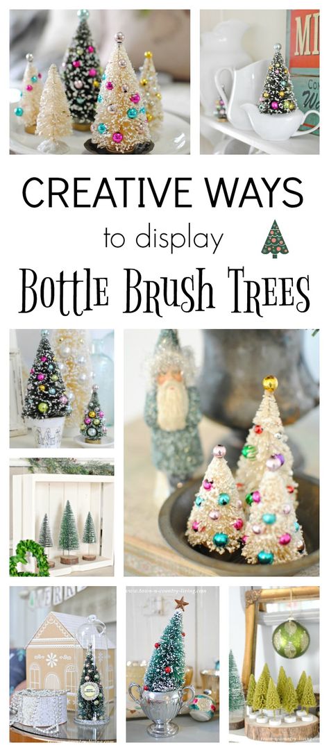 Creative Ways to Display Bottle Brush Trees Bottle Brush Christmas Trees Display, Bottle Brush Trees Display, Bottle Trees, Bottle Brush Christmas Trees, Tree Centerpieces, Christmas Village Display, Brush Trees, Village Display, Miniature Christmas Trees