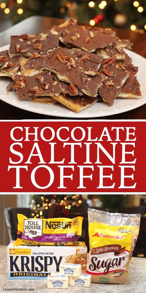 Saltine Toffee, Cookie Exchange Recipes, New Year's Desserts, Chocolate Toffee, S'mores, Homemade Candies, Cookie Exchange, Sweets Treats, Decorating On A Budget