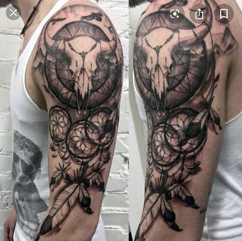 Skull Tattoo Sleeve, Animal Skull Tattoo, Dreamcatcher Tattoos, Indian Skull Tattoos, Bull Skull Tattoos, Native American Tattoo, Native Tattoos, Taurus Tattoos, Bull Tattoos