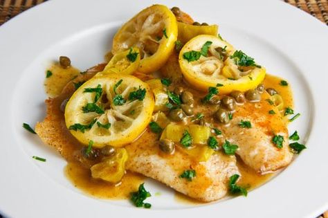 Tilapia Piccata Tilapia Piccata Recipe, Tilapia Piccata, Piccata Recipe, Food Seafood, Olive Oil Recipes, Yummy Seafood, Tilapia Recipes, Eating Healthier, Mediterranean Food