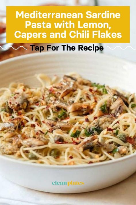 Tossing sardines into pasta adds protein to every twirl and makes for a much more satisfying dinner. This one is full of Mediterranean flair thanks to briney capers and both fresh lemon zest and juice. #pasta #pastarecipe #sardines #chiliflakes #sardinepasta #summer #dinner #healthyeating Sardine Soup, Tinned Sardines Recipes, Recipes With Sardines, Sardines Pasta Recipes, Tinned Sardine Recipes, Recipes Using Canned Sardines, Sardines Pasta, Pasta Sardines Recipe, Sardine Recipes Canned Easy