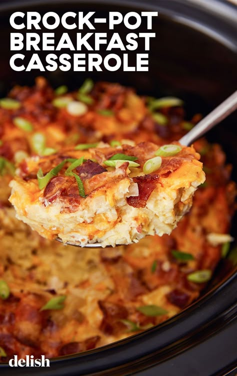 Crock-Pot Breakfast Casserole Is *The* Easiest Way To Holiday BrunchDelish Recipes Crock Pot, Slow Cooker Breakfast Casserole, Crockpot Breakfast Casserole, Overnight Breakfast Casserole, Crockpot Ideas, Overnight Breakfast, Slow Cooker Breakfast, Hashbrown Breakfast Casserole, Breakfast Casseroles