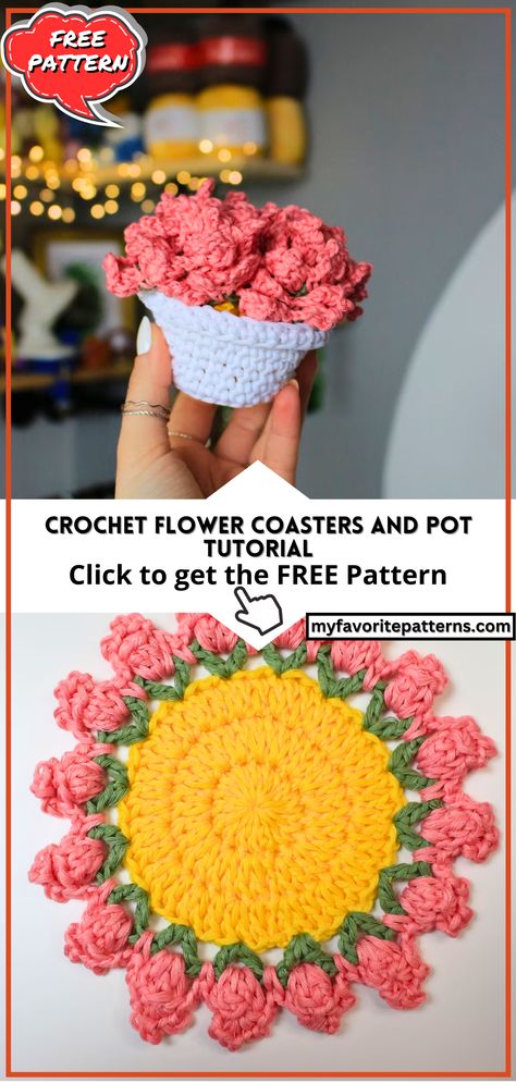 Crochet Flower Coasters and Pot Tutorial Crochet Flower Pot That Turns Into Coasters, Flower Pot Coaster Crochet Pattern, Crochet Flower Coasters In Pot, Crochet Flowerpot Coaster, How To Crochet Coasters, Flower Pot Coaster Crochet Pattern Free, Flower Crochet Coasters, Crochet Flower Coaster With Pot, Crochet Flower Pot Coasters Free Pattern