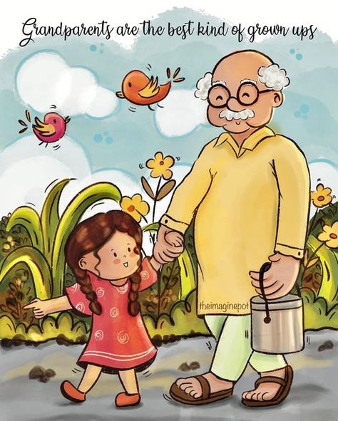 Indian Grandparents, Grandpa Drawing, Grandparents Day Crafts, Childhood Memories Art, Grand Parents, Indian Illustration, Kindergarden Activities, Miss Him, Sanya