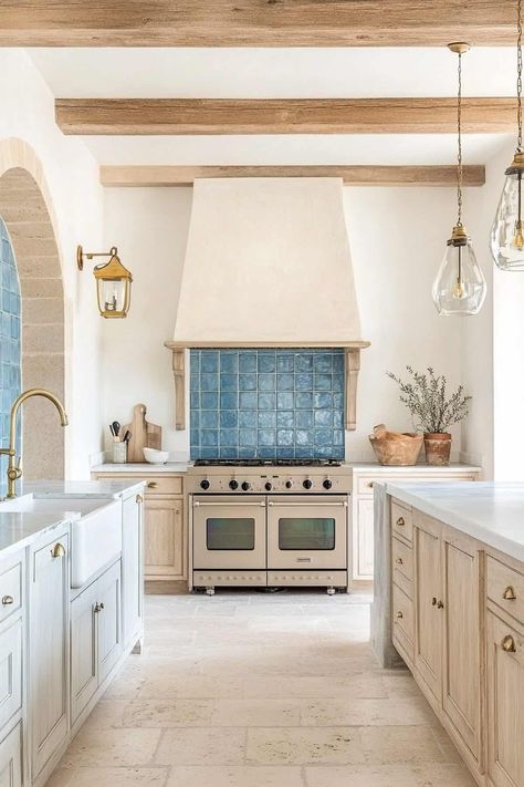 60 Spanish-Style Kitchen Ideas (Mediterranean Design) Mediterranean Interior Design Kitchen, Santorini Kitchen, Spanish Style Kitchen Ideas, Coastal Mediterranean Interior Design, Portuguese Tiles Kitchen, Modern Spanish Style Kitchen, Spanish Tile Kitchen, Spanish Beach House, Modern Spanish Kitchen