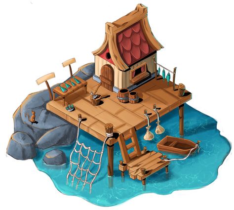 Fisherman Shack, Minecraft Fisherman House, Isometric Assets, Pirate Village, Fisherman House, 3d Composition, Fishing House, Pirate Books, Fishing Dock