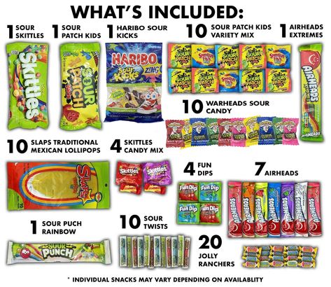 Sour Candy Lovers Deluxe 80 Count Snack Care Package Fun Flavors Kids Candy Gift Box Birthday Gift for Him Her Our top favorite 80 count sour snack care package tik tok inspired has been put together with lots of care and love to deliver to you the best sweet and sour snack box. Since we are all snack lovers we pack each gift box with the sweet and sour variety of assortments we know a snack lover will enjoy and be able to take anywhere they go. Each pack of our sweet sour candies comes with 80 Easter Candy Gifts, Sour Candies, Air Heads, Aesthetic Pleasing, Snackle Box, School Dr, Makeup Tuts, Stationery Obsession, July Outfits