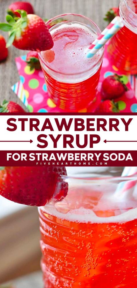 Looking for easy spring drinks? This strawberry syrup recipe is a non-alcoholic beverage using only 3 ingredients. Not only is it perfect for preparing a homemade strawberry soda, but you can also use it over ice cream, cake, and more! Homemade Cream Soda, Strawberry Syrup Recipe From Tops, Soda Stream Syrup Recipes, Strawberry Simple Syrup Cocktails, Diy Soda Stream Syrup, Strawberry Syrup Recipe, Homemade Soda Stream Syrup, Homemade Strawberry Syrup, Strawberry Syrup Recipes