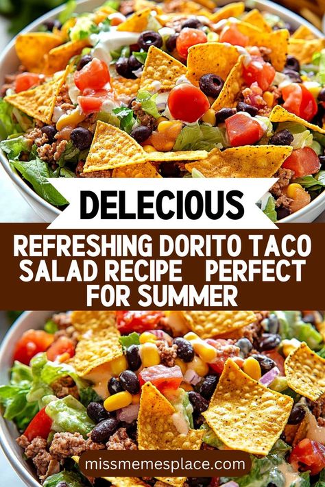 Cool down this summer with our Refreshing Dorito Taco Salad Recipe - Crunchy Creamy Sweet! This vibrant dish combines the delightful crunch of Doritos with the freshness of lettuce, tomatoes, and other veggies, all topped with a creamy dressing. It’s an easy, no-cook meal that’s perfect for summer gatherings, picnics, or BBQs. Customize it with your favorite toppings like avocado or olives for a unique twist. Enjoy a satisfying and flavorful salad that’s sure to be a crowd-pleaser! Doritos Taco Salad Recipe, Dorito Taco Salad, Dorito Taco Salad Recipe, Dorito Taco, Chili Salad, Taco Salad Doritos, Easy Yeast Rolls, Taco Salad Recipe, Taco Salad Recipes