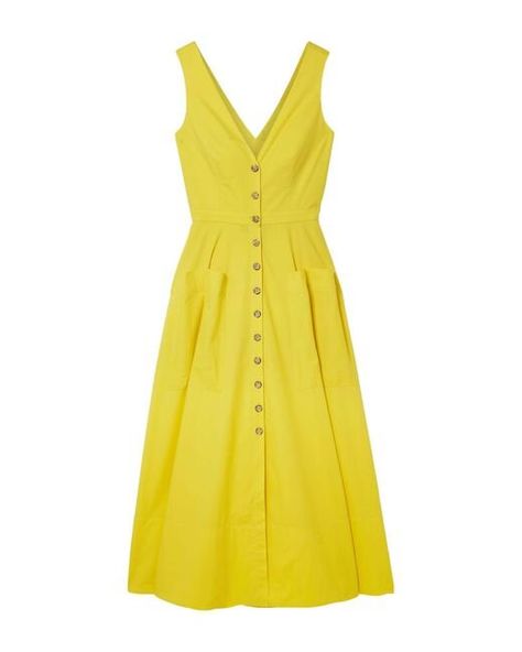 Saloni Zoe Cutout Poplin Midi Dress in YellowPlain weave, no appliqués, basic solid colour, deep neckline, sleeveless, multipockets, unlined, front closure, button closing, stretch, shirt dress. 94% Cotton, 6% Elastane. Colour: yellow Purchase Worn by Tatiana Casiraghi on:24 July 2018 - InstagramWorn by Princess Claire on:September 2018 Classy Party, Yellow Midi Dress, Sleeveless Midi Dress, Poplin Dress, Dress Yellow, Button Up Dress, Ladies Dress Design, Womens Midi Dresses, Yellow Dress