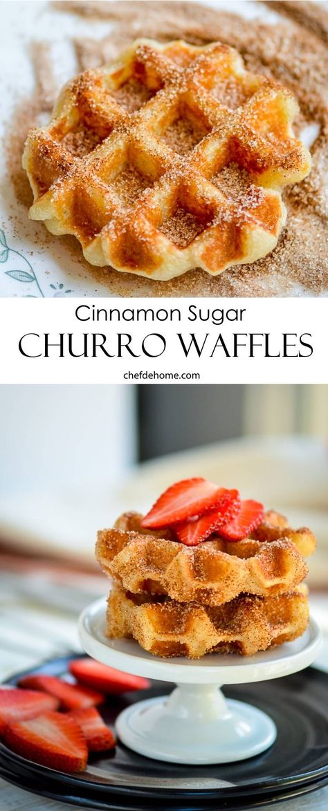 Cinnamon Sugar Churro Waffles Recipe | ChefDeHome.com Cinnamon Belgian Waffle Recipe, Waffle Recipe Sweet, Donut Waffle Recipe, Sweet Belgian Waffle Recipe, Churros Waffles Recipe, Fun Homemade Recipes, Belgian Waffle Ideas, Waffle Ranchero, Savory Waffle Toppings