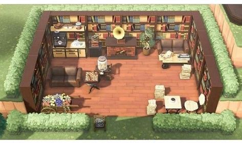 Acnh Island Library, Library Design Anch, Animal Crossing Outdoor Library Ideas, Acnh Sunken Library, Animal Crossing Cliff Design, Acnh Outside Library, Acnh Book Store Design, Acnh Island Neighborhood, Animal Crossing Library Ideas