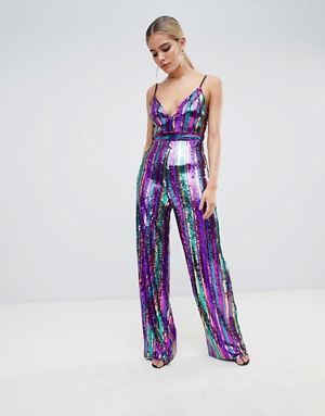 Outrageous Fortune sequin plunge front wide leg jumpsuit in rainbow stripe Outrageous Fortune, 70s Outfits, Sequin Rompers, Holiday Attire, Sequin Jumpsuit, Sequin Outfit, Crazy Outfits, Jumpsuit Elegant, Fabulous Clothes