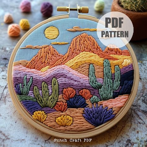 Desert Mountain Sunrise, Cactus Hand Embroidery Pattern, Instant Download, Beginner Friendly, Southwest Desert Cactus, Home decor , Hoop Art by StitchCraftPDF on Etsy Desert Embroidery Pattern, Cactus Quilt, Cactus Home Decor, Mountain Embroidery, Cactus Embroidery, Mountain Sunrise, Desert Scene, Desert Mountains, Southwest Desert