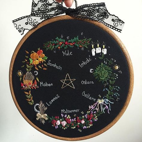 Finished embroidered Pagan Year Wheel; depicting the 8 festivals of a pagan year. Set in an 8" wood effect flexi hoop. This will be for sale TOMORROW at 7PM (GMT) time. There is only one available so it'll be first come first serve. My apologies to anyone who wanted to buy it from the beginning. There's a lot of people interested in this piece and I wanted to be fair to everyone. • • • #pagan #paganyearwheel #wicca #witch #witchcraft #witchy #yule #samhain #mabon #lammas #midsummer #beltane #ost Year Wheel, The Yellow Wallpaper, Pagan Crafts, My Apologies, Witchy Crafts, Be First, Yellow Wallpaper, Stitch Embroidery, Embroidery Inspiration