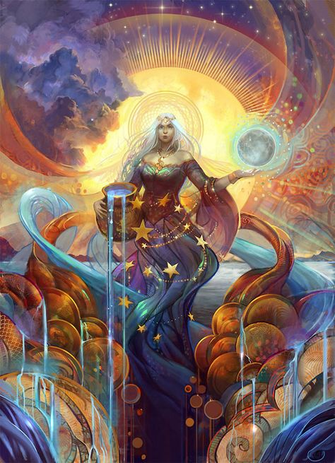 Aquarius Art, Galleria D'arte, Fantasy Magic, Goddess Art, Art Et Illustration, Sun And Stars, Visionary Art, Arte Fantasy, Art And Illustration