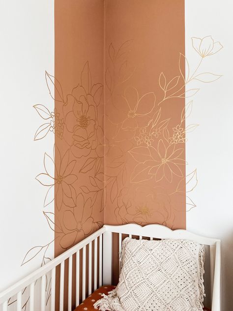 Boho Wallpaper Home, Boho Bedroom Wall Painting, Easy Nursery Mural Ideas, Corner Flower Mural, Boho Wall Design Ideas, Easy Boho Wall Painting Ideas, Feature Wall Mural, Nursery Hand Painted Wall, Floral Mural Nursery