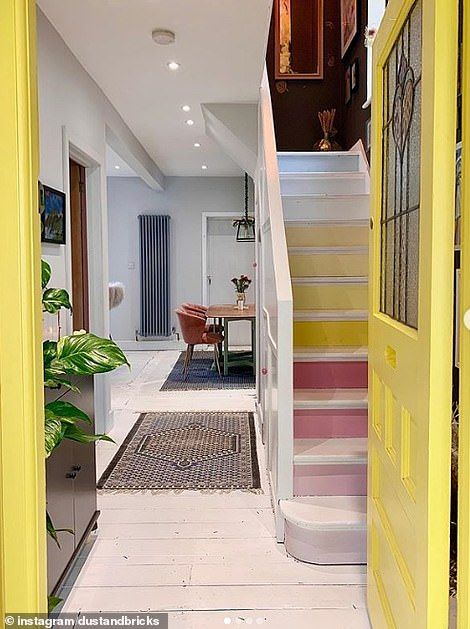 DIY novices spend £25,000 transforming their ugly 1930s semi-detached house into a colourful home Colorful Staircase Ideas, Staircase Paint Ideas, Staircase Paint, Semi Detached House Extension, 1930 House Renovation, 1930s Semi Detached House, 1930s House Interior, 1930s Semi, Workshop Decor