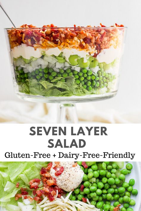 Seven Layer Salad Recipe - a classic recipe with a few (healthier) twists! Always a hit and really easy to make!  Perfect for holidays, get-togethers or weeknight meals! #sevenlayersalad #7layersalad #saladrecipes Seven Layer Salad Recipe, Layered Salads, Wooden Skillet, 7 Layer Salad, Layer Salad, Seven Layer Salad, Layered Salad Recipes, Spinach Salad Recipes, Trifle Dish