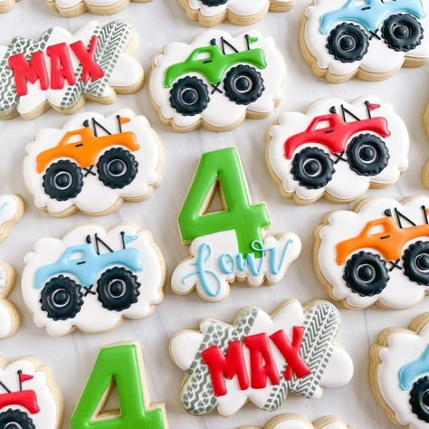 Monster Truck Party Cake, Truck Cookies, 3 Year Monster Truck Party, Monster Truck 4th Birthday Party Ideas, Monster Truck Cookies Birthday, 3rd Birthday Monster Truck Theme, Monster Jam Cookies, 4th Monster Truck Birthday, Monster Truck Birthday Party