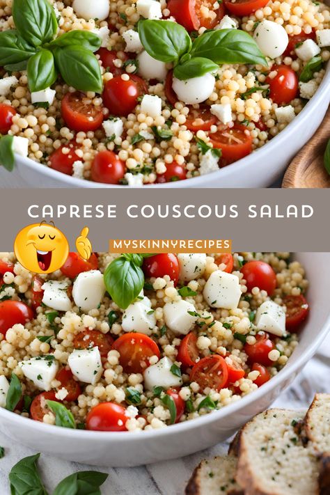 Delight your taste buds with this refreshing Caprese Couscous Salad 🥗 Bursting with flavors of cherry tomatoes 🍅, fresh mozzarella 🧀, and fragrant basil 🌿, all tossed in a tangy balsamic dressing. Quick to make and perfect for any occasion! #SaladRecipes #HealthyEating #CapreseSalad #myskinnyrecipes. Caprese Couscous Salad, Tomato Spinach Feta Couscous Salad, Whole Foods Couscous Salad Recipe, Roasted Vegetable Couscous Salad, Caprese Pasta Salad Balsamic, Balsamic Dressing, Couscous Salad, Fresh Mozzarella, Fresh Basil