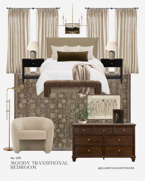 Neutral Bedroom Decor With Black Accents, Dark Wood Dresser Bedroom Ideas, Tan Bed Black Nightstands, Bedroom Inspirations Master Transitional, Dark Nightstand Bedroom, Moody Transitional Bedroom, Moody Neutral Bedroom, Dark Wood Bedroom Furniture Decor Ideas, Moody Transitional