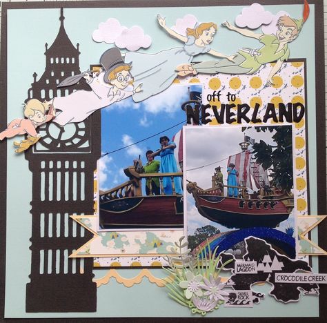 Off to Neverland - Project Idea - Scrapbook.com Disney Scrapbook Page Ideas, Disney Scrapbooking Layouts Cricut, Disney Scrapbooking Ideas, Disney Parade Scrapbook Ideas, Disneyland Scrapbook Ideas, Magic Kingdom Scrapbook Layouts, Disney Scrapbook Ideas, Disneyworld Scrapbook, Disney World Scrapbook