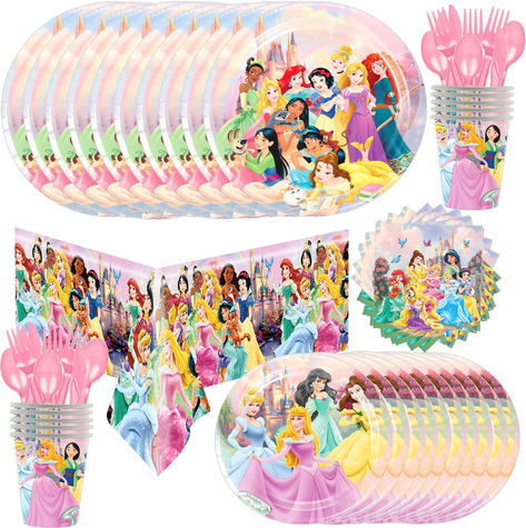 Princess Birthday Party Supplies Decorations for Girls Princess Birthday Tableware Includes Party Plates, Paper Cups, Knives, Forks and Spoons and Princess Tablecloth, Pink, 9“ #ad #disney #princess #disneyprincess #birthdayparty #girlsbirthdaypartyideas #birthdaypartythemes #brave #tangled #snowwhite #cinderella #belle #tiana #ariel #princessbirthdayparty 3 Year Princess Birthday Party, Disney Princess 3rd Birthday Party, Four Ever A Princess Birthday, Disney Princess Birthday Party Decor, Princesses Birthday Party Ideas, Disney Princess Theme Birthday Party, Princess Tea Party Birthday, Girl Dinosaur Party, Princess Birthday Decorations