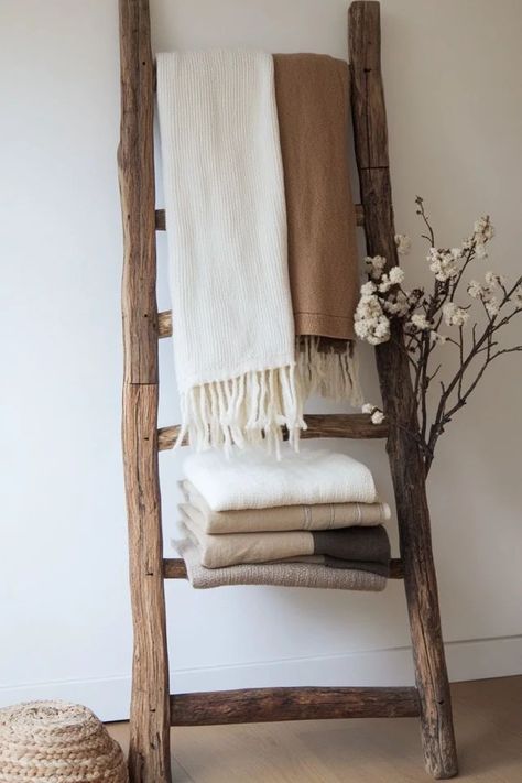 "Create a unique and functional display with a DIY Rustic Wooden Ladder! 🛠️🪜 Ideal for showcasing blankets, towels, or decor in a rustic, charming way. 🌿✨ #DIYHome #RusticDecor #LadderIdeas" Wooden Ladders Ideas Decor, Wooden Ladder Ideas, Rustic Ladder Decor, Rustic Blanket Ladder, Wooden Blanket Ladder, Ladder Display, Quilt Ladder, Rustic Ladder, Crafty Decor