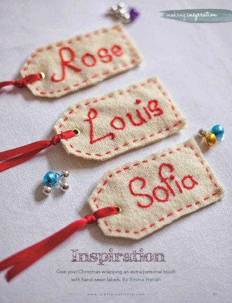 Christmas Stocking Name Tags Embroidered, Hand Embroidered Name Tags, Felt Name Tag, Creative Name Tags Ideas, Embroidered Stocking Tags, Embroidery Name Tag, Embroidered Name Tags, Handmade Gift Tags Christmas, Name Tags For Stockings Diy