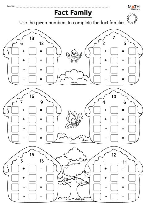 First Grade Fact Family Worksheets - Math Monks Number Families First Grade, Related Facts First Grade, Fact Families First Grade, Addition Activities For First Grade, Family Tree Activity, Fact Family Worksheet, Summer Worksheets, Family Worksheet, Family Flowers