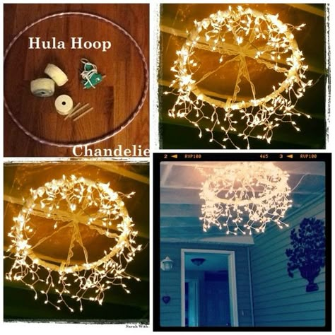 What a great idea for a quick, inexpensive outdoor lighting fix.  Would also look great as wedding reception decor. Hula Hoop Chandelier, Luminaria Diy, Diy Outdoor Lighting, Icicle Lights, Summer Entertaining, Hula Hoop, Creative Lighting, Décor Diy, Lighting Ideas