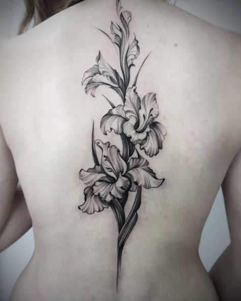 Iris (faith, trust, wisdom, hope, valor) Goddess Iris, Gladiolus Flower Tattoos, Tattoo Lower Back, Iris Flower Tattoo, Iris Goddess, Gladiolus Tattoo, Iris Tattoo, Flower Tattoo Meanings, Goddess Tattoo