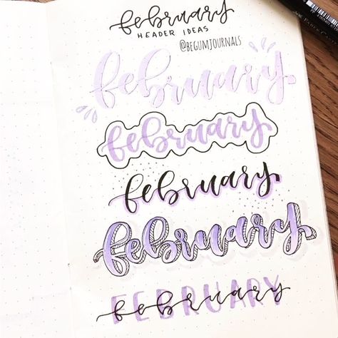 February Lettering Tutorial Purple Bullet Journal, Journal Headers, Bullet Journal Titles, Bullet Journal Headers, February Bullet Journal, Bullet Journal Font, Journal Fonts, Bullet Journal Banner, Bullet Journal Mood