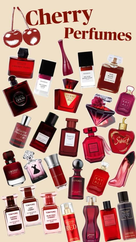 All sorts of variations of cherry perfumes, ideas🌟🌟 Cherry Products, Fruit Perfumes, Red Perfume, Fragrances Perfume Woman, Perfume Collection Fragrance, Shower Skin Care, Fragrance Samples, Perfume Scents, Perfume Lover