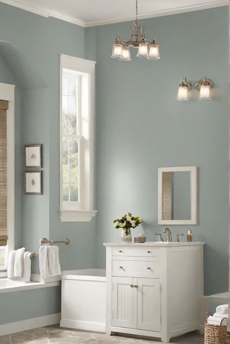 Bathroom Wall Color Sherwin Williams, Serene Bathroom Colors, Sw Stardew Bathroom, Blue Paint For Bathroom Walls, Best Paint Colors For Bathroom Walls, Small Half Bath Paint Colors, Bathroom Wall Colors With White Cabinets, Pale Blue Bathroom Walls, English Cottage Paint Colors Sherwin Williams