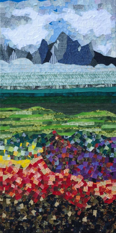 Fabric Mosaic on canvas. Artist: Kristina Jones 2015 Fabric Mosaic On Canvas, Fabric Mosaic Art, Mosaic On Canvas, Fabric Mosaic, Fabric Canvas Art, Landscape Quilts, Camping Art, Fiber Arts, Quilt Ideas