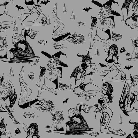 Halloween Pinup, Halloween Pin Up, Pin Up Drawings, Pin Up Poses, Scary Wallpaper, Doodle Tattoo, Spooky Tattoos, Witchy Wallpaper, Pin Up Tattoos