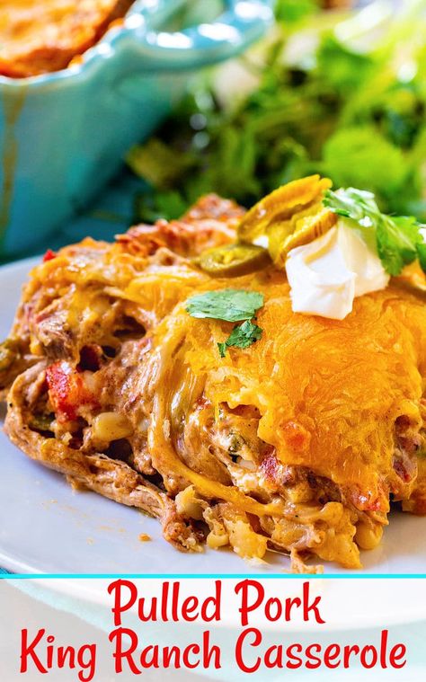 Pulled Pork King Ranch Casserole Recipe Using Pulled Pork, Pulled Pork Casserole, King Ranch Casserole, Pulled Pork Leftover Recipes, Spicy Southern Kitchen, Pork Casserole, Ranch Casserole, Pulled Pork Leftovers, Ranch Recipe