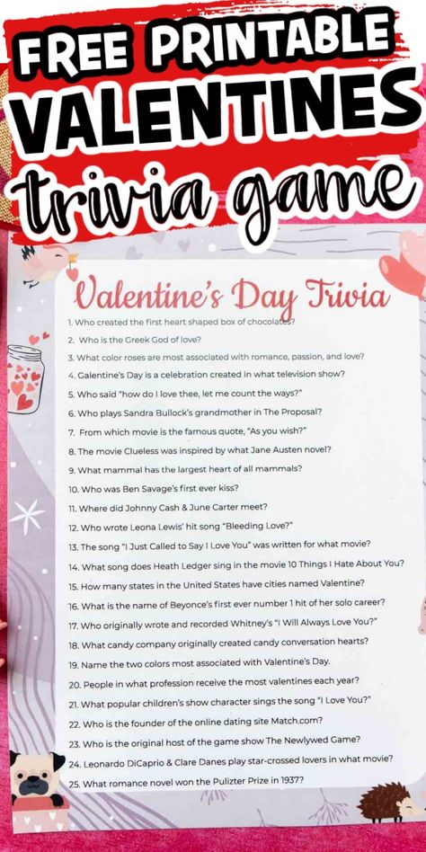 Free printable Valentines trivia questions and trivia game! Great for classroom parties, virtual celebrations, and Valentine's Day dates! Valentines Games For Adults Free, Valentines Questions, Galentines Trivia, Valentine's Day Trivia, Valentines Trivia With Answers, Valentines Trivia, Valentine’s Day Questions, Valentine Questions For Kids, February Games