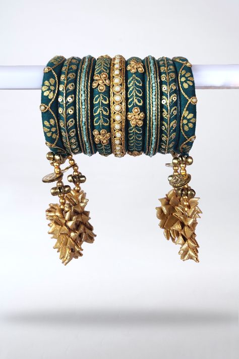 Mirror Work Bangles, Cotton Thread Bangles, Hanging Bangles, Embroidered Bangles, Banana Sketch, Bangle Making, Fabric Bangles, Mirror Necklace, Flower Jewelry Designs