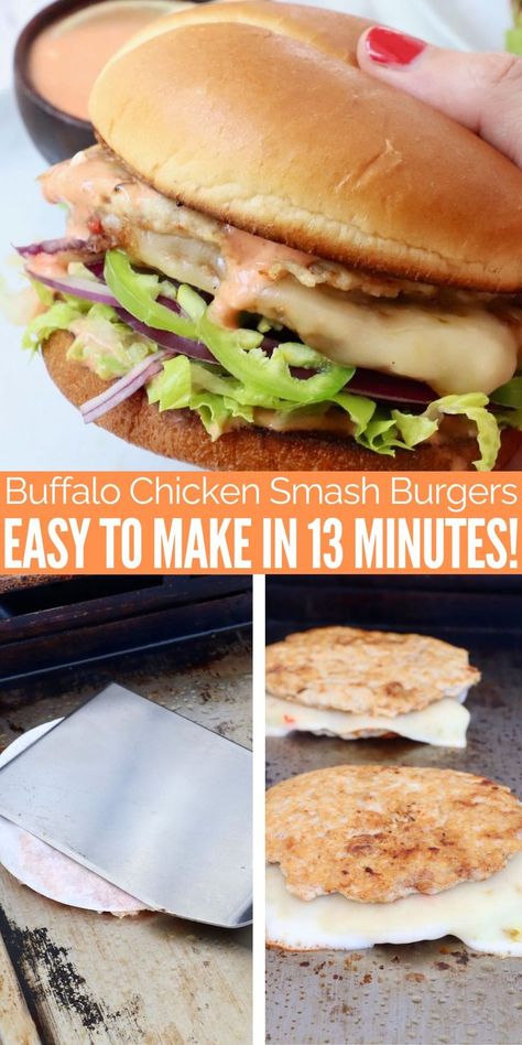 chicken smash burgers on a griddle, and prepared on a bun held over a plate Chicken Smash Burger, Chicken Wing Seasoning, Buffalo Chicken Burgers, Buffalo Sauce Recipe, Ground Chicken Burgers, Smash Burger Recipe, Oven Baked Bacon, Lean Protein Meals, Smash Burgers