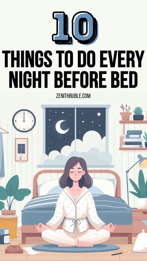 Upgrade your nightly habits with our top 10 things to do every night before bed, and watch your sleep quality soar. By consistently dedicating time to these pre-bedtime activities, you can set the stage for sound, uninterrupted sleep. Learn how these practices not only ease you into slumber but also contribute to your long-term health and wellbeing. Integrate them into your routine and feel the difference | | evening routine | bedtime habits | things to do every night | bedtime routine | things to do in the evening | evening tips | nighttime habits | night routine | organization + planning Things To Do Before Bed, Bed Time Routine, Bedtime Habits, How To Relax Your Mind, How To Relax Yourself, Bedtime Ritual, Feeling Sleepy, Meditation Apps, Restorative Sleep